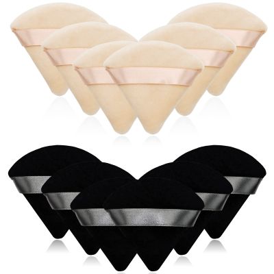 12 Pieces Cosmetic Powder Puff,2.76 inch Portable Soft Sponge Setting Face Puffs,Triangle Velvet Powder Puff with Ribbon Band Handle for Loose Powder Body Powder Makeup Tool(Black,Nude)