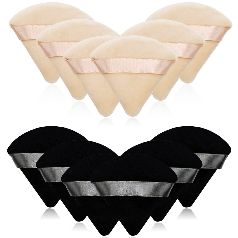 12 Pieces Cosmetic Powder Puff,2.76 inch Portable Soft Sponge Setting Face Puffs,Triangle Velvet Powder Puff with Ribbon Band Handle for Loose Powder Body Powder Makeup Tool(Black,Nude)