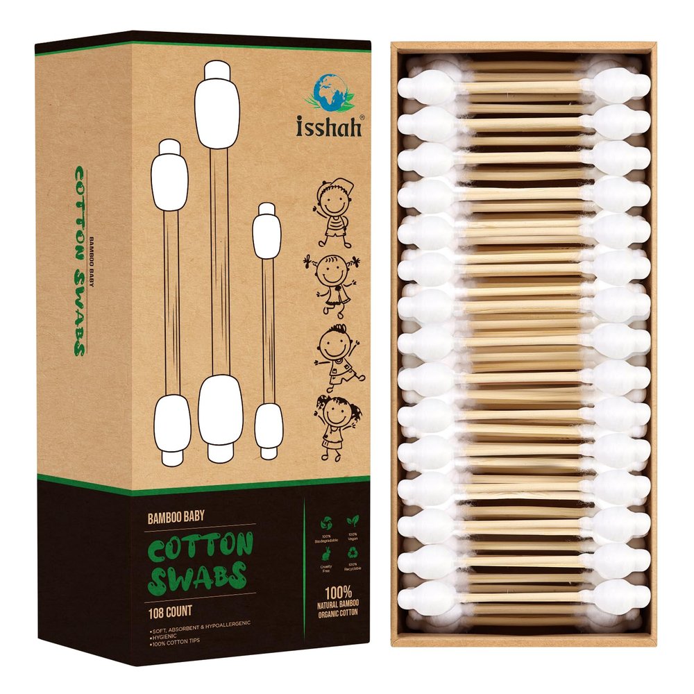 Baby Cotton Swabs - 108 Count - FSC Certified and PETA Approved, Bamboo Handle Cotton Tips, 100% Biodegradable, Gentle, Eco Friendly, Double Tips, Plastic Free Safety Baby Cotton Buds by Isshah