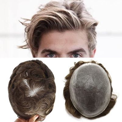 Healthlif Toupee For Men Remy Human Hair Invisable Hairline Men Hairpiece Ultra Thin Skin 0.06mm Toupee Men V-looped Remy Hair System For Men 8X10#630#6 Light Brown+30% Grey 90% Density