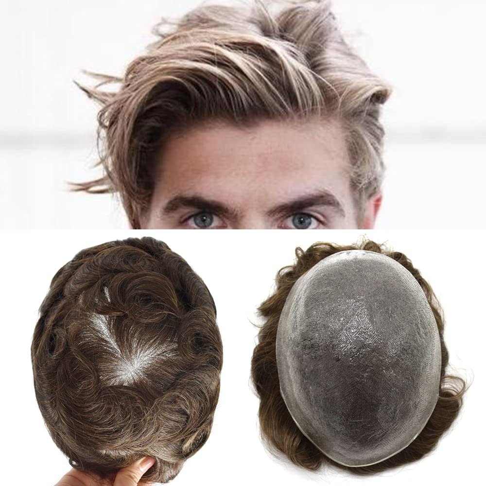 Healthlif Toupee For Men Remy Human Hair Invisable Hairline Men Hairpiece Ultra Thin Skin 0.06mm Toupee Men V-looped Remy Hair System For Men 8X10#630#6 Light Brown+30% Grey 90% Density