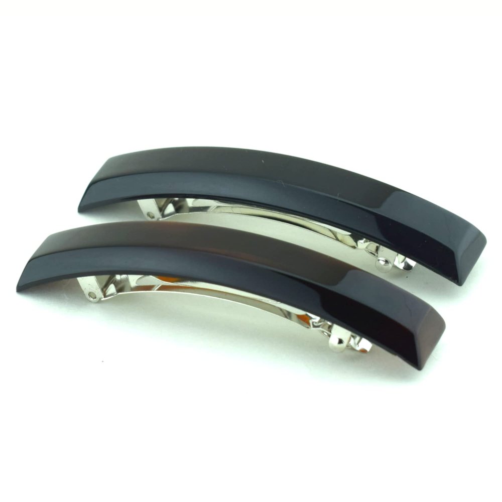 Parcelona French Bar Volume Large 4 Celluloid Automatic Set of 2 Hair Clip Barrette French Strong Hold Grip Hair Clips for Women No Slip Fashion Durable Styling Girls Paris Hair Accessories, Made in France (Tortoise Shell-Black)