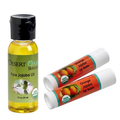 100% Pure Organic Jojoba Oil. Travel Size 1 oz plus 2 Pack Organic Orange Lip Balms with over 70% Jojoba Oil. 100% Natural. By Desert Oasis Skincare (1 fl oz/29 ml)