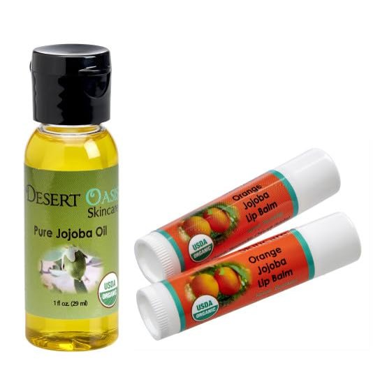 100% Pure Organic Jojoba Oil. Travel Size 1 oz plus 2 Pack Organic Orange Lip Balms with over 70% Jojoba Oil. 100% Natural. By Desert Oasis Skincare (1 fl oz/29 ml)