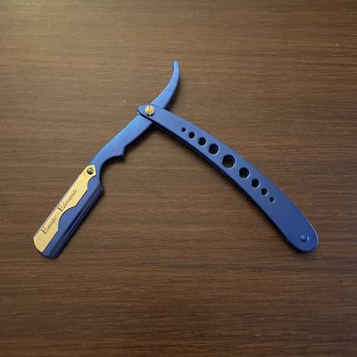 Professional Stainless-Steel Barber Hair Cutting Straight Edge Razor Blue and Gold Stylish Engraving Design