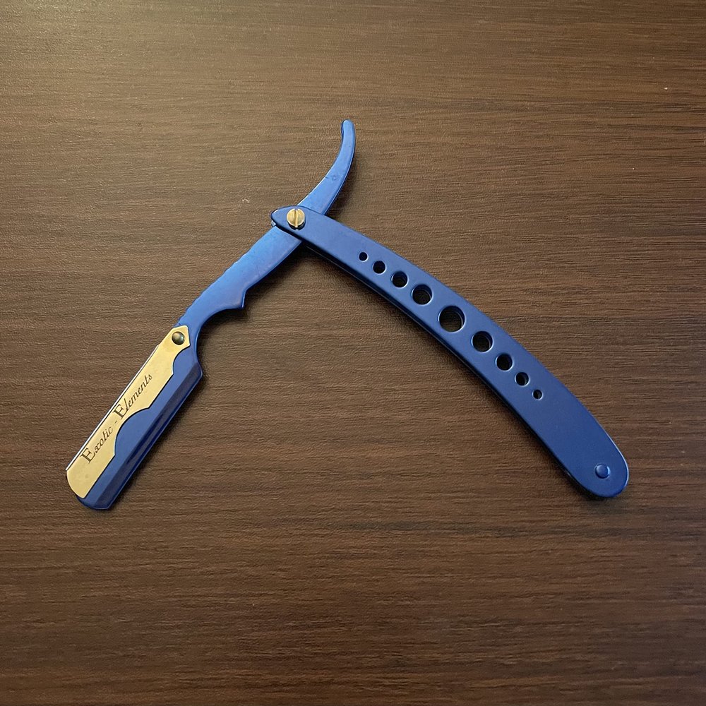 Professional Stainless-Steel Barber Hair Cutting Straight Edge Razor Blue and Gold Stylish Engraving Design