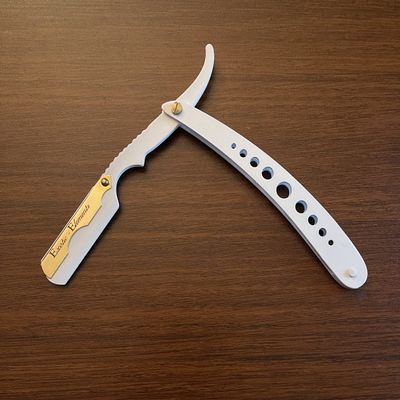 Classic Shaving and Hair Cutting Barber Salon Shavette Folding Straight Edge Razor White and Gold Stainless Steel