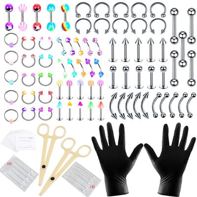 Shyarr Piercing Kit Stainless Steel Acrylic Body Piercing Kit 14G 16G Colorful Body Jewelry Piercing Kit Nose Septum Lip Tongue Eyebrow Tragus Cartilage Belly Piercing Needles Tool Kit