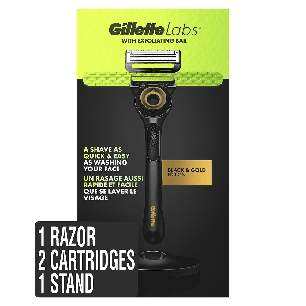 Gillette Labs Men's Razor with Exfoliating Bar, Shaving Kit Includes 1 Handle, 2 Blade Refills, 1 Premium Magnetic Stand, Black and Gold