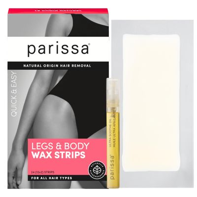 Parissa Legs & Body Biodegradable Wax Strips Kit | Ready-to-Use Large Wax Strips for At-Home Hair Removal, Suitable for All Hair Types | Includes Post-Wax Ultra Soothe Oil | 24 Strips (12 x 2)