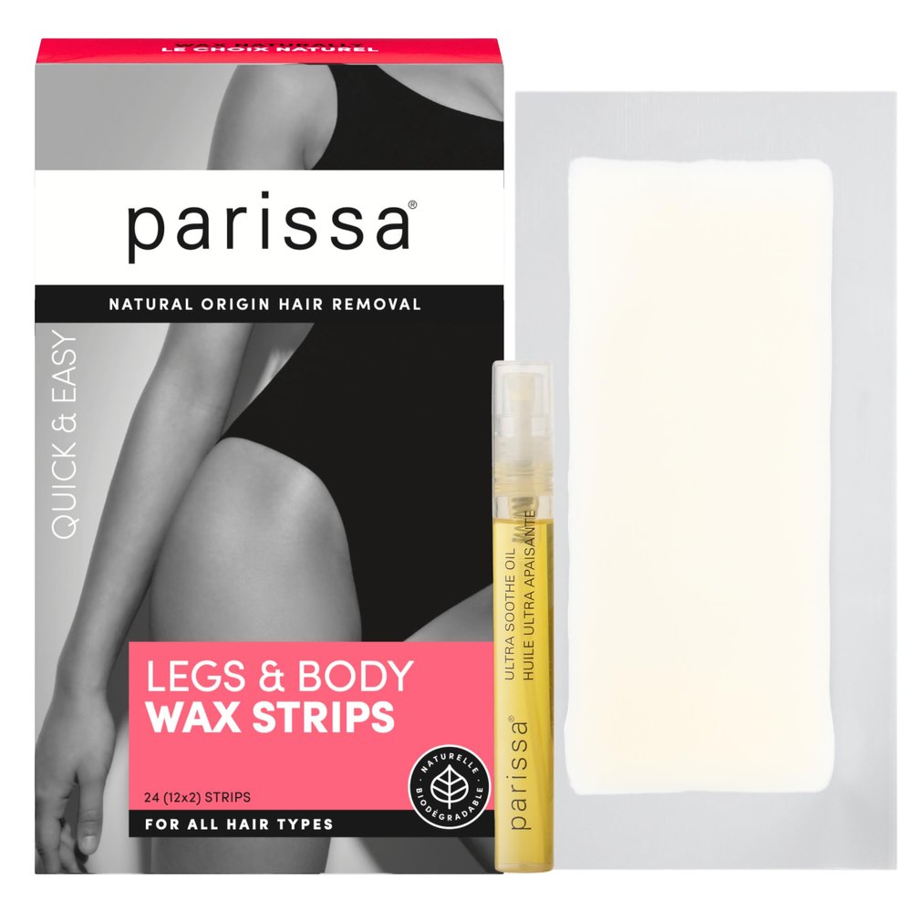 Parissa Legs & Body Biodegradable Wax Strips Kit | Ready-to-Use Large Wax Strips for At-Home Hair Removal, Suitable for All Hair Types | Includes Post-Wax Ultra Soothe Oil | 24 Strips (12 x 2)