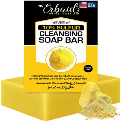 10% Sulfur Soap Cleansing Bar for Face & Body All Natural Sulfur Facial Cleanser for Acne, Oily Skin Skincare Blend of Lemongrass, Tea Tree Essential Oil, Vitamin E, Coconut Milk Made in USA