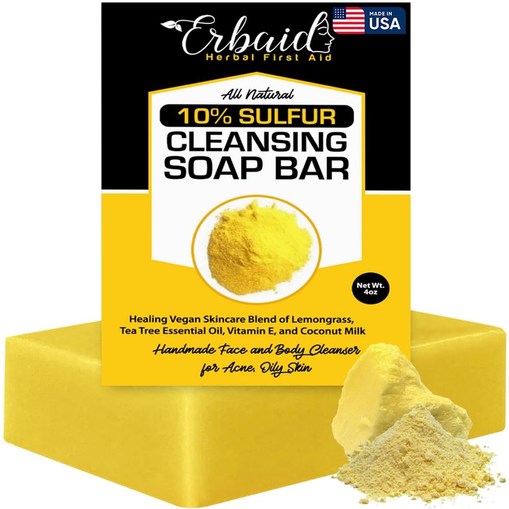 10% Sulfur Soap Cleansing Bar for Face & Body  All Natural Sulfur Facial Cleanser for Acne, Oily Skin  Skincare Blend of Lemongrass, Tea Tree Essential Oil, Vitamin E, Coconut Milk  Made in USA