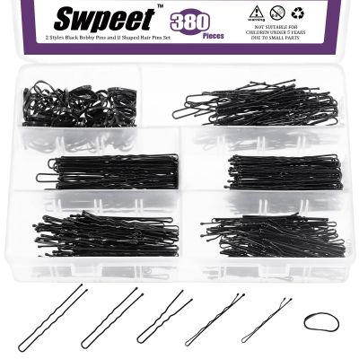 Swpeet 380Pcs 2 Styles 1.9Inch 2.4Inch 2.7Inch Black Hair Pins Bobby Pins with Rubber Bands Kit, Including 120Pcs Bobby Pins and 160Pcs U Hair Pins Hair Clips with Soft Elastic Bands