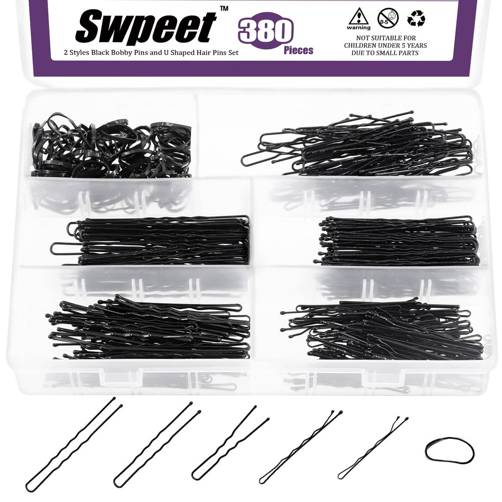 Swpeet 380Pcs 2 Styles 1.9Inch 2.4Inch 2.7Inch Black Hair Pins Bobby Pins with Rubber Bands Kit, Including 120Pcs Bobby Pins and 160Pcs U Hair Pins Hair Clips with Soft Elastic Bands