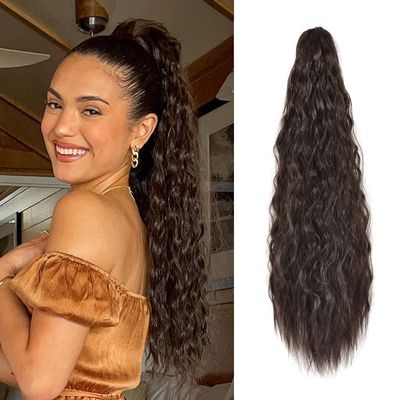YEAME Wavy Ponytail Extension Claw Clip, 22 Inch Corn Wave Pony Tail Synthetic Brown Hair, Long Curly Jaw Ponytail Hair Extainson for Women Girls (Black Brown)