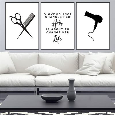 NATVVA 3 Pieces Hair Quote, Hairdressing Scissors, Hair Salon Art Prints Canvas Painting Framed Poster Modular Wall Pictures Artwork for Hair Salon Decoration with Wooden Inner Frame
