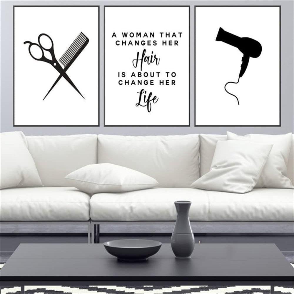 NATVVA 3 Pieces Hair Quote, Hairdressing Scissors, Hair Salon Art Prints Canvas Painting Framed Poster Modular Wall Pictures Artwork for Hair Salon Decoration with Wooden Inner Frame