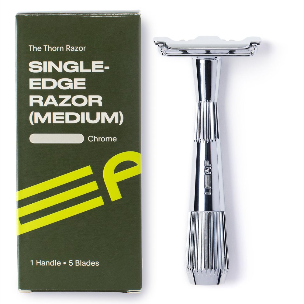 Leaf Shave | Leaf Thorn Razor, All-Metal Single Blade Razor for Men & Women, Fixed Head with Magnetic Load Assist, Includes 5 Stainless Steel Blades, Face Shaving and Coarser Hair - Chrome