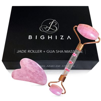 Bighiza Jade Roller and Gua Sha Face Roller Tool Set, Rose Quartz Roller with Real Flower Handle, Anti Aging, Noiseless, Relax Relieve Fine Lines and Wrinkles for Face, Eyes, Neck, Muscle Relaxing