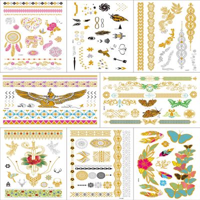 Aresvns Metallic Temporary Tattoo 50+,8 Sheets Gold Silver Fake Tattoos for Women Teen Girls,Flash Jewelry Tattoos,Gold Boho Tattoos Waterproof and long lasting