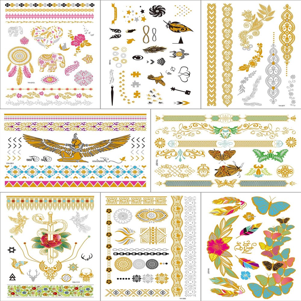 Aresvns Metallic Temporary Tattoo 50+,8 Sheets Gold Silver Fake Tattoos for Women Teen Girls,Flash Jewelry Tattoos,Gold Boho Tattoos Waterproof and long lasting