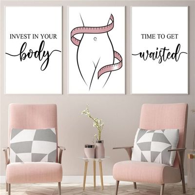 NATVVA Waist Training 3 Pieces Blush Pink Waist Trainer Posters Prints Body Sculpting Wall Art Medical Spa Canvas Painting for Spa Salon Massage Beauty Salon Decor with Inner Frame