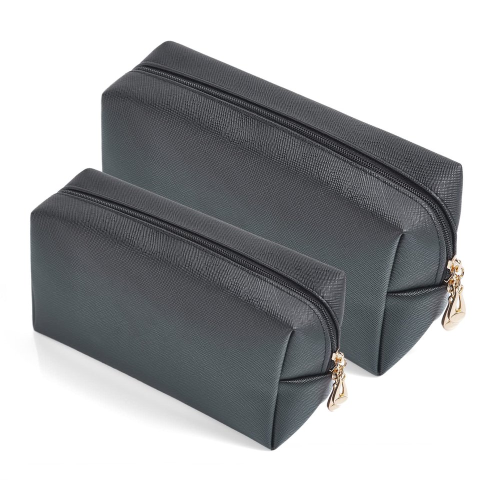 2pcc set PU Leather Cosmetic Bag for Women Minimalism Makeup Bag for Daily Use Portable Storage Purse Small Neat Cosmetic Pouch Water-resistant Toiletry Bag for Travel (Black)