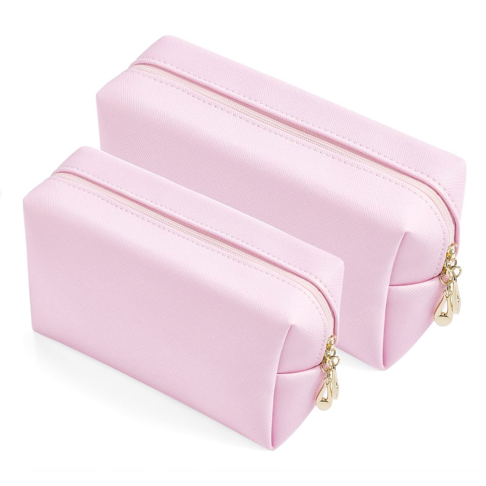 2pcc set PU Leather Cosmetic Bag for Women Minimalism Makeup Bag for Daily Use Portable Storage Purse Small Neat Cosmetic Pouch Water-resistant Toiletry Bag for Travel (Voilet Pink)