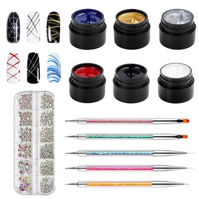 Vtrem 6 Colors 8ML Spider Gel Set with 5 PCs Double Ended Point Drill Drawing Brush Pen Nail Rhinestones Matrix Gel with Gel Paint Design Nail Art Kit Wire Drawing Purple Green Nail