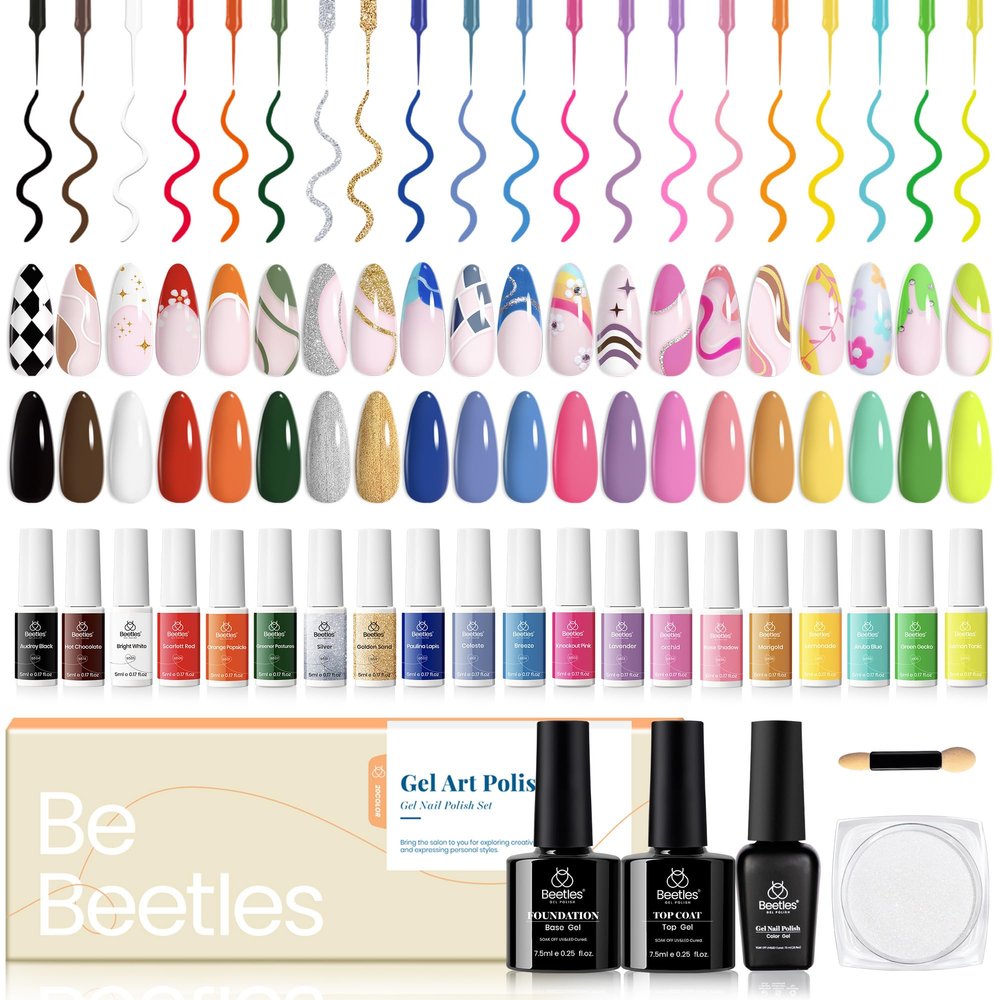 Beetles Gel Liner Nail Art Polish Set Pastel Gel Nail White Gold Red Glitter Neon French Tip Nails Polish Paint Swirl Built Thin Brush in Bottle Soak off Uv Lamp Nails Art Kit Gifts for Women