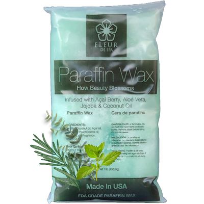 Paraffin Wax refill by Fleur De Spa - Infused with Acai, Coconut oil, Jojoba and Aloe USA Made (Rosemary, Mint & Eucalyptus, 1 pound)