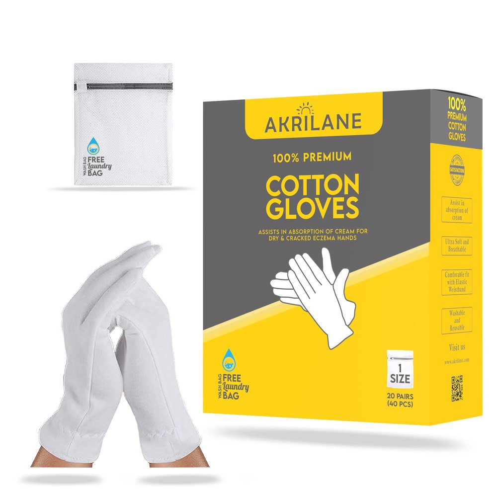 AKRILANE 1 Size 20 Pairs Cotton Moisturizing Gloves for Dry Hands, Eczema & Psoriasis Treatment, Reusable with Free Laundry Bag