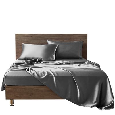 Silk Satin Sheet Set 4pc Sheet with 12 Deep Pocket,One Silk Satin Travel Sheet Free - Extra Soft - Breathable & Cooling - Wrinkle Free - Comfy- Bed Sheets -(Full Dark Grey)