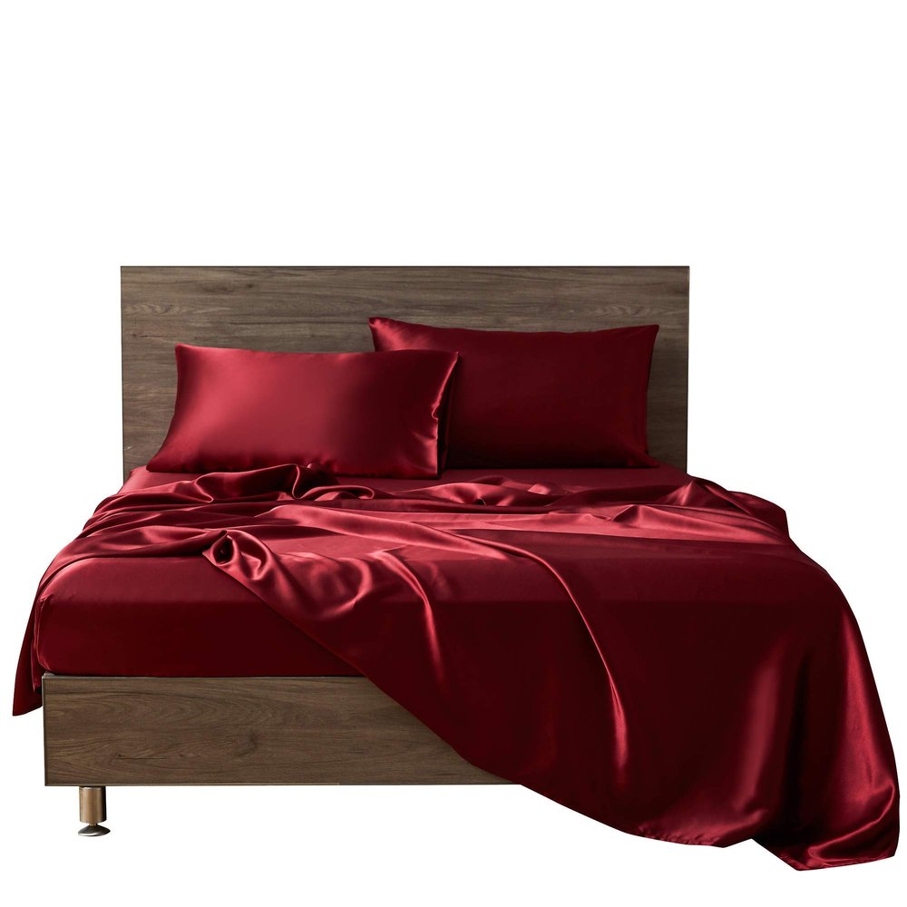 Silk Satin Sheet Set 4pc Sheet with 12 Deep Pocket,One Silk Satin Travel Sheet Free - Extra Soft - Breathable & Cooling - Wrinkle Free - Comfy- Bed Sheets -(Cal Queen Burgundy)