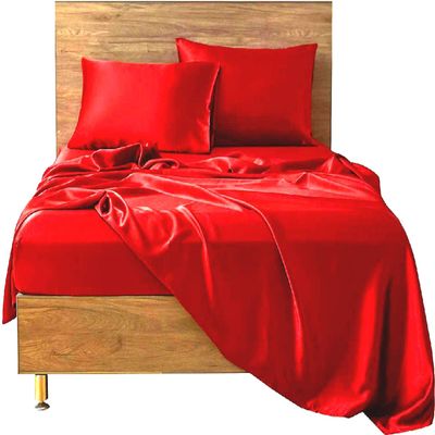 Silk Satin Sheet Set 4pc Sheet with 12 Deep Pocket,One Silk Satin Travel Sheet Free - Extra Soft - Breathable & Cooling - Wrinkle Free - Comfy- Bed Sheets -(Cal Queen Blood Red)