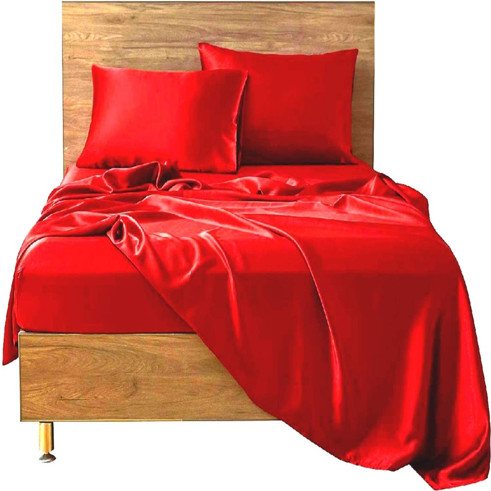 Silk Satin Sheet Set 4pc Sheet with 12 Deep Pocket,One Silk Satin Travel Sheet Free - Extra Soft - Breathable & Cooling - Wrinkle Free - Comfy- Bed Sheets -(Cal Queen Blood Red)