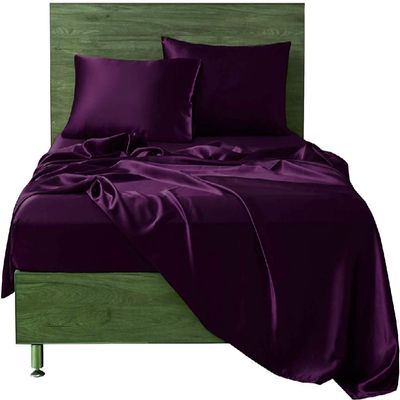Silk Satin Sheet Set 4pc Sheet with 12 Deep Pocket,One Silk Satin Travel Sheet Free - Extra Soft - Breathable & Cooling - Wrinkle Free - Comfy- Bed Sheets -(Cal Queen Egg Plant)
