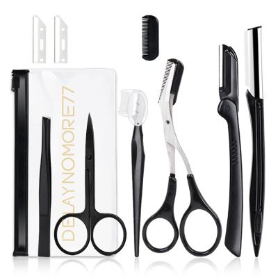 Eyebrow Razor Kit, 9 in 1 Professional Eyebrow Grooming Set for Women and Men, Including 3 Razors Trimmer,1 Tweezer,2 Scissors,2 Replacement Blades,1 Storage Bag