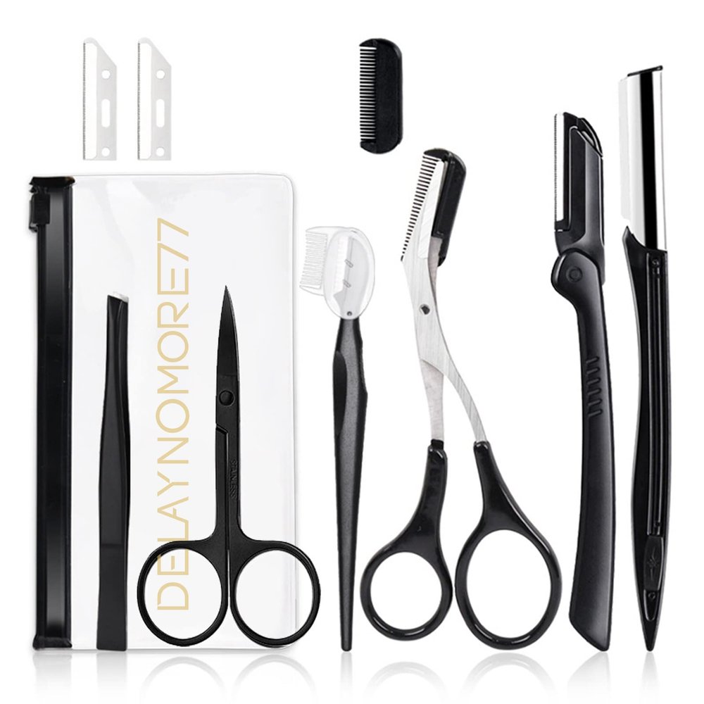 Eyebrow Razor Kit, 9 in 1 Professional Eyebrow Grooming Set for Women and Men, Including 3 Razors Trimmer,1 Tweezer,2 Scissors,2 Replacement Blades,1 Storage Bag