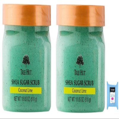 Tree Hut Shea Sugar Body Scrub, Coconut Lime,18oz, 2PK, With Single Makeup Remover Cleansing Wipe