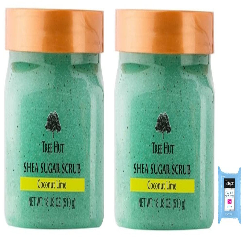 Tree Hut Shea Sugar Body Scrub, Coconut Lime,18oz, 2PK, With Single Makeup Remover Cleansing Wipe
