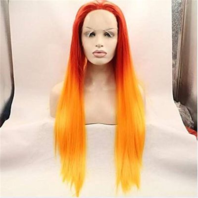 YTOOZ Front Wigs Synthetic Wigs Layered Straight Hair Density 150% Synthetic Hair Ladies Red Wig Ladies Mid Length Front Orange,20 inches