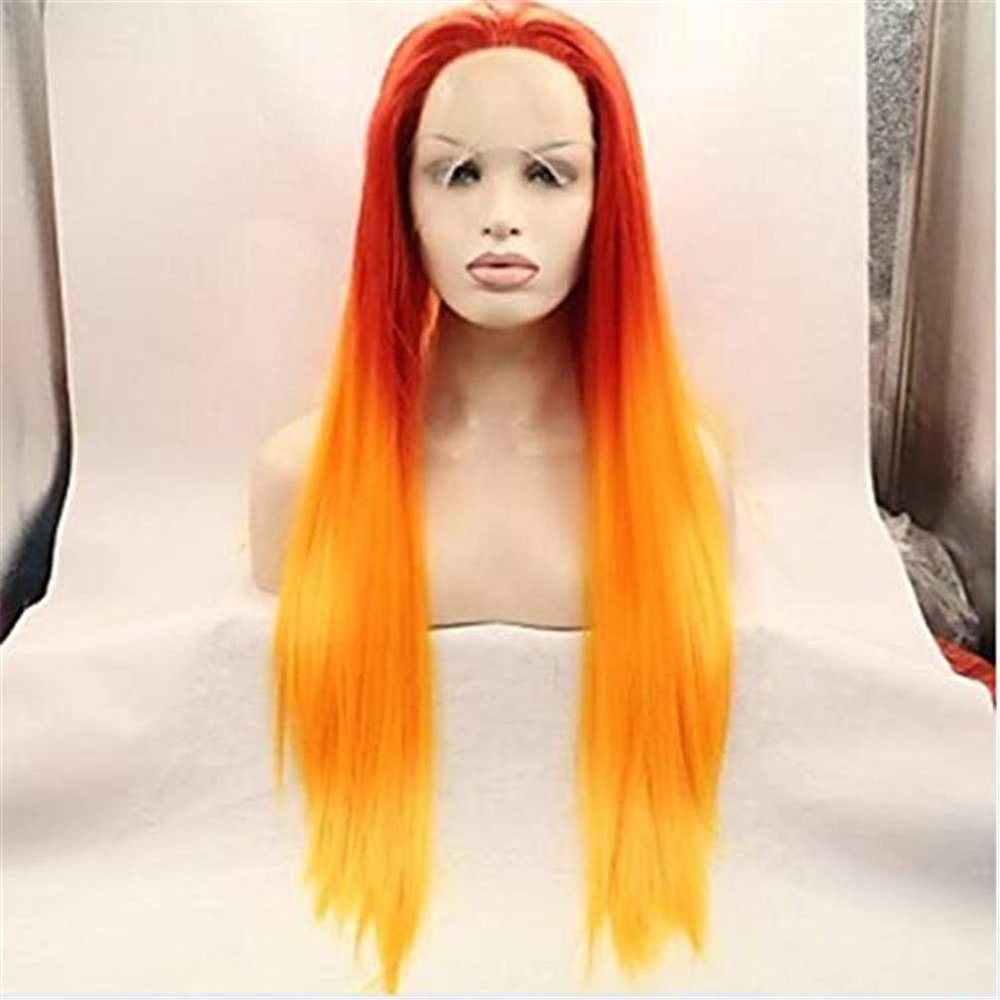 YTOOZ Front Wigs Synthetic Wigs Layered Straight Hair Density 150% Synthetic Hair Ladies Red Wig Ladies Mid Length Front Orange,20 inches