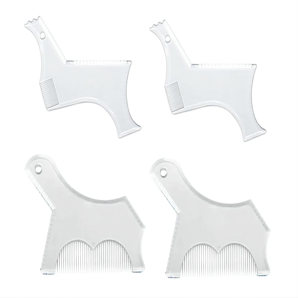4PCS Men's Beard Shaping Tool Template, Beard Guide Shaper with Inbuilt Comb, Multi-liner Edges Shave for Curve/Straight/Neckline/Goatee/Sideburns (Clear-4pcs)