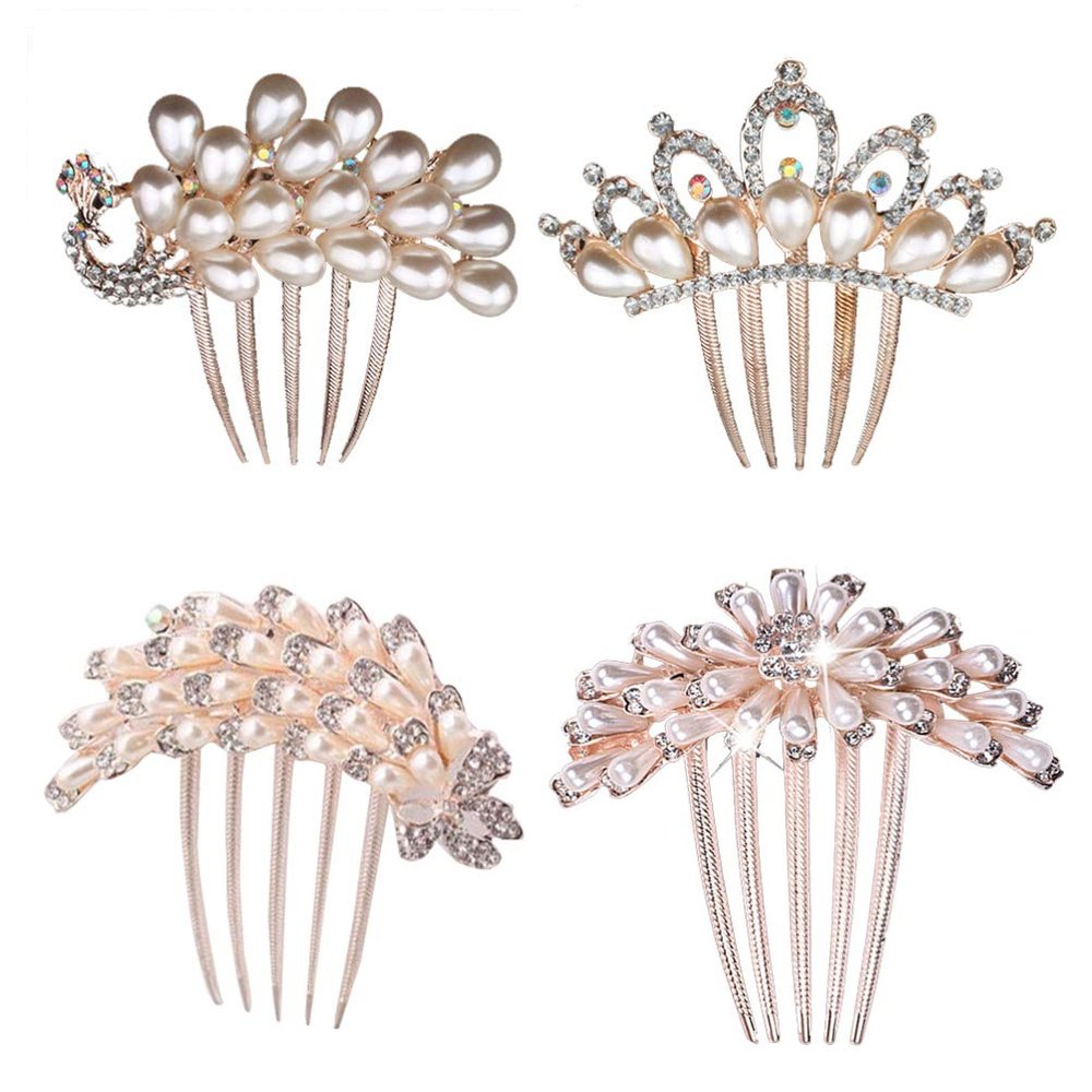 4pcs Crystal Bride Wedding Hair Combs, Flower Bridal Hair Comb Rhinestone Crystal Clip Bridal Hair Accessories for Women Girls Wedding Headpiece, Random Style