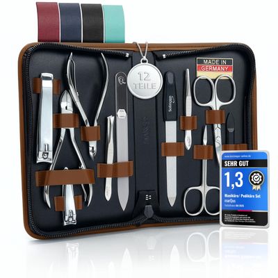 Manicure Set Women and Men  12-Piece Professional Grooming Kit with Premium Tools, Genuine Leather Case, and exclusive Glass Nail File for Hand & Foot Care, German Quality