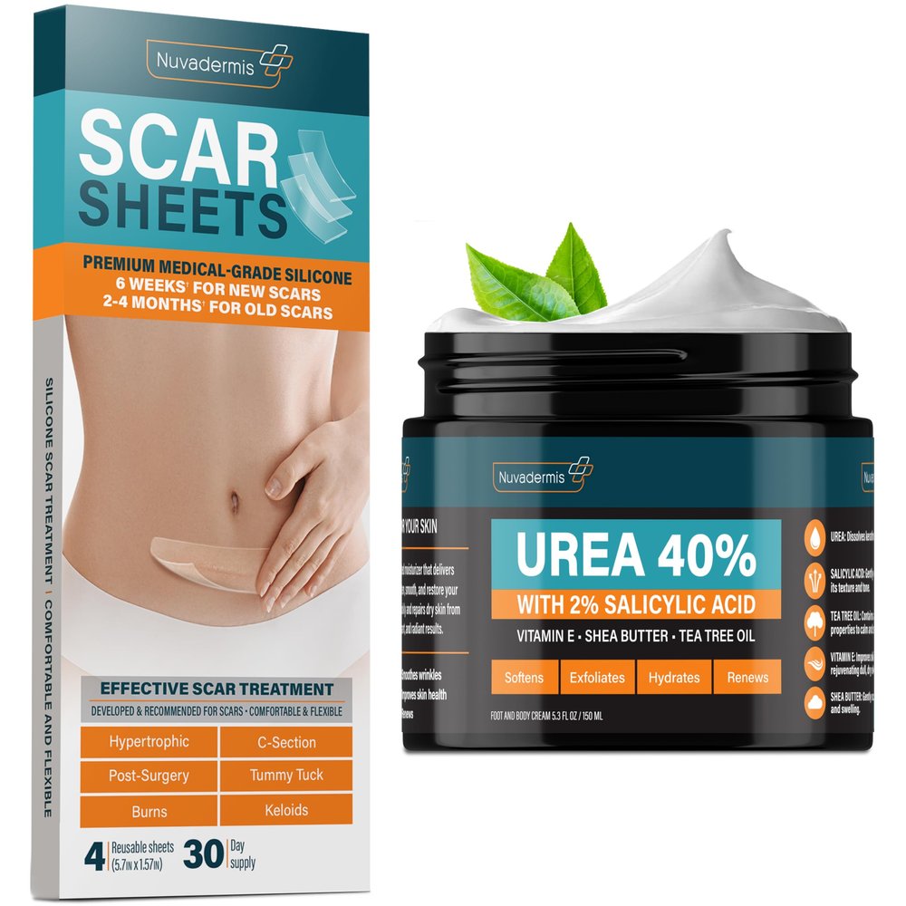 NUVADERMIS Repair Bundle- Urea Cream 40 Percent for Feet, Foot Repair Lotion + Silicone Scar Sheets for Surgical Scar Treatment