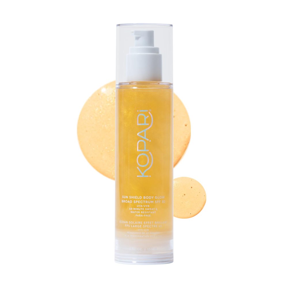 Kopari Sun Shield Body Glow, Broad Spectrum SPF 50, Lightweight Shimmering Gel Texture Absorbs Quickly, Non Sticky, Glowing Results, Gold 5 oz