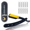 Lodhry Professional Straight Edge Shaving Razor Barber Razors For Men + Single Blades, Men's Manual Shaver Salon Quality Cut Throat Shavette Navajas Para Barbero Matte Black, 11Pcs (Gold Plated Clip) view 1